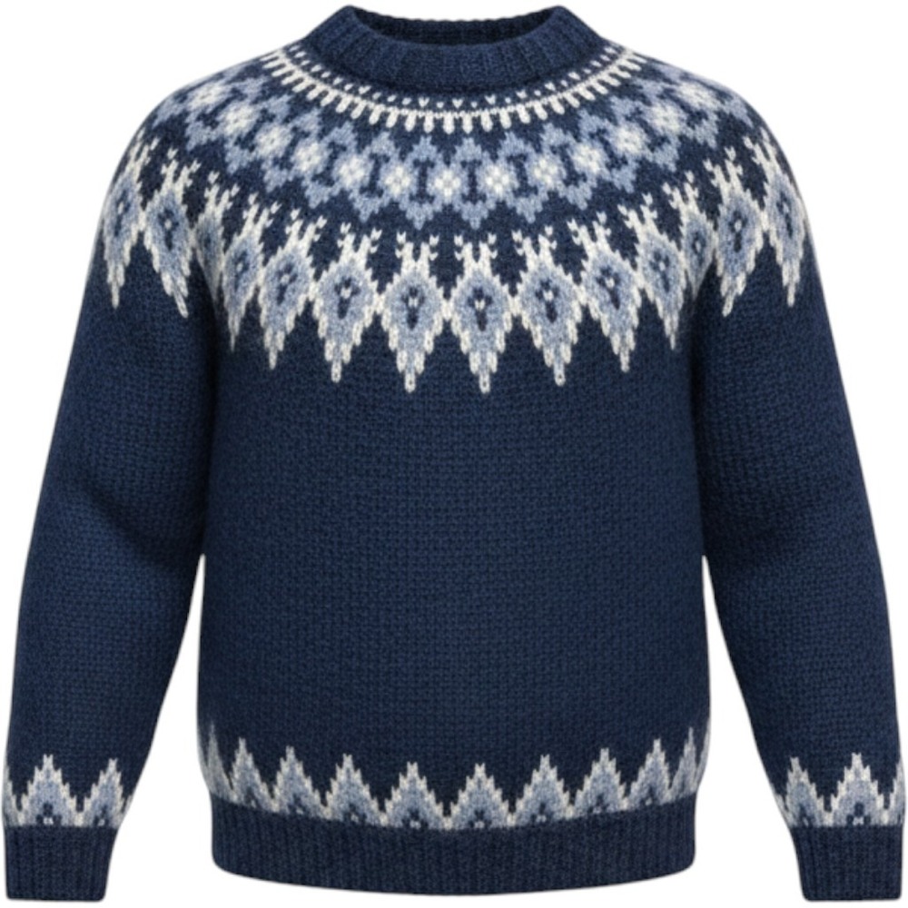 VTG Lopi Unisex 100% Wool Sweater L Blue White Handknit Icelandic Fair Isle Yoke